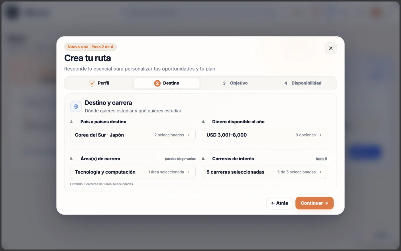 Captura de la demo de Ruta B: ventana «Crea tu ruta», paso 2 de 4 (Destino y carrera), con los países destino seleccionados (Corea del Sur y Japón), el dinero disponible al año, el área de carrera (Tecnología y computación) y las carreras de interés.