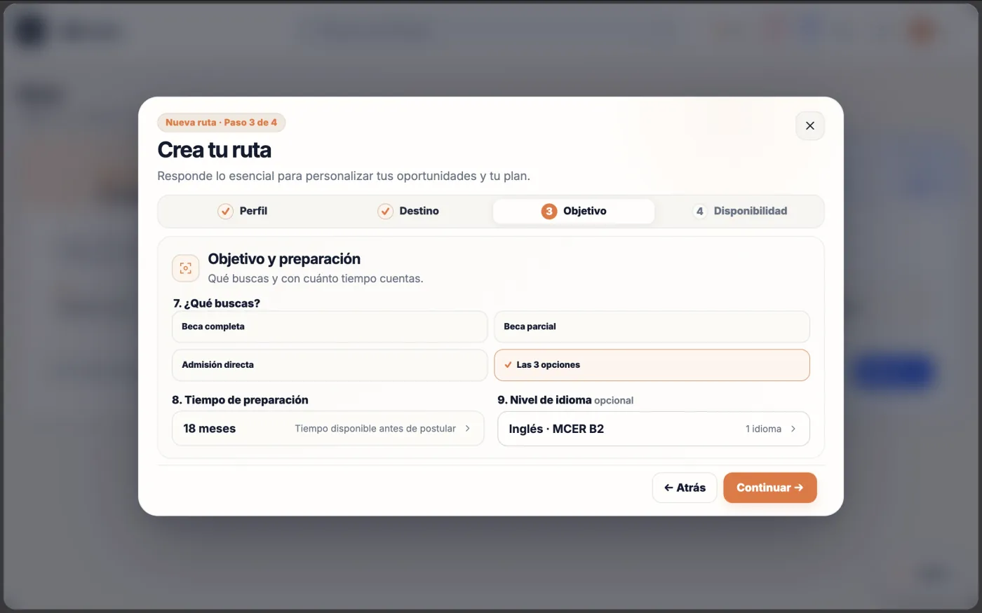Captura de la demo de Ruta B: ventana «Crea tu ruta», paso 3 de 4 (Objetivo y preparación), con lo que se busca (beca completa, beca parcial y admisión directa), el tiempo de preparación (18 meses) y el nivel de idioma opcional (Inglés · MCER B2).