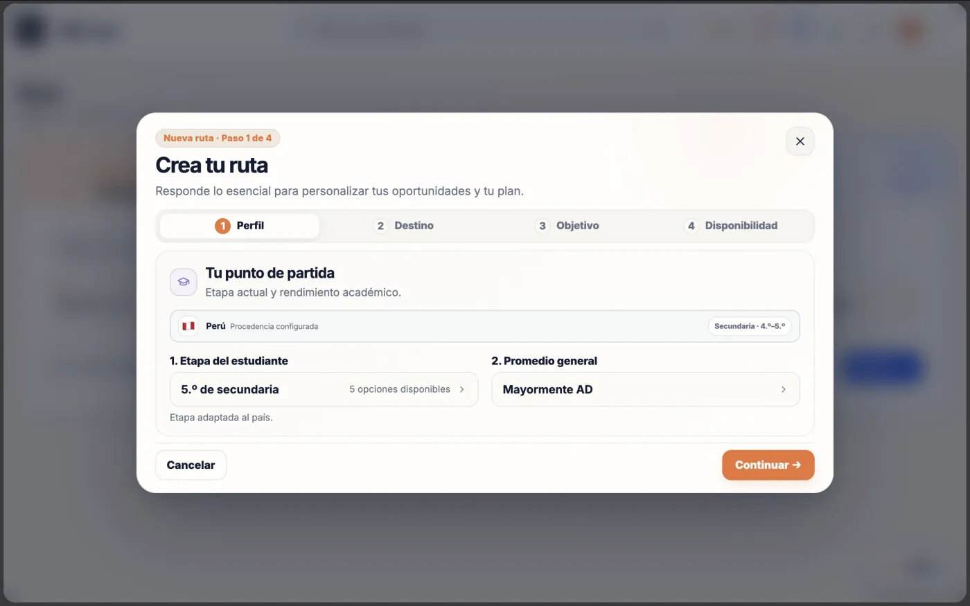Captura de la demo de Ruta B: ventana «Crea tu ruta», paso 1 de 4 (Perfil), con el país de procedencia (Perú), la etapa del estudiante (5.º de secundaria) y el promedio general.