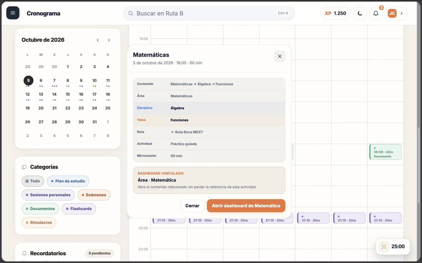 Captura de la demo de Ruta B: ventana de una sesión de «Matemáticas» del 5 de octubre de 2026 (18:00, 60 min) con contenido, área, disciplina, tema, ruta, actividad y un botón para abrir el dashboard de Matemática, sobre el calendario.