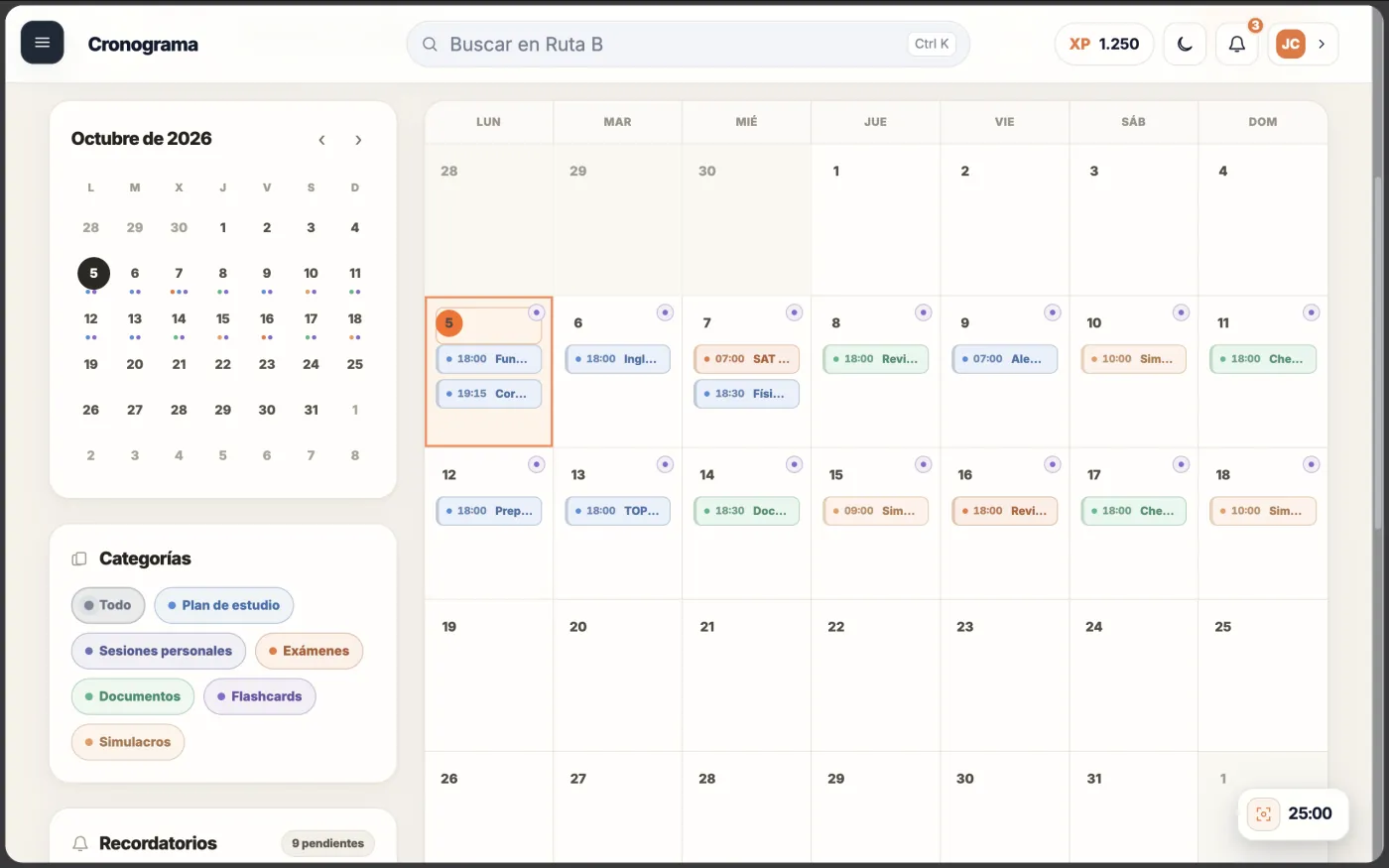 Captura de la demo de Ruta B: pantalla «Cronograma» con el calendario de octubre de 2026, bloques con hora en varios días, filtros por categoría (plan de estudio, sesiones personales, exámenes, documentos, flashcards y simulacros) y recordatorios pendientes.