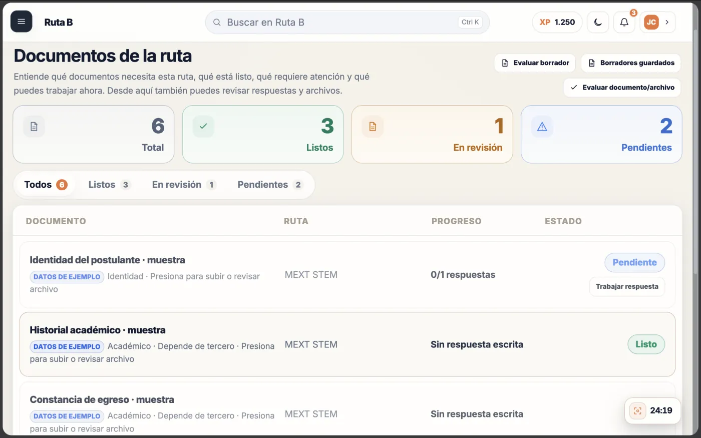 Captura de la demo de Ruta B: pantalla «Documentos de la ruta» con contadores (6 en total, 3 listos, 1 en revisión y 2 pendientes) y una tabla de documentos de muestra con ruta, progreso y estado; los elementos llevan la etiqueta «Datos de ejemplo».