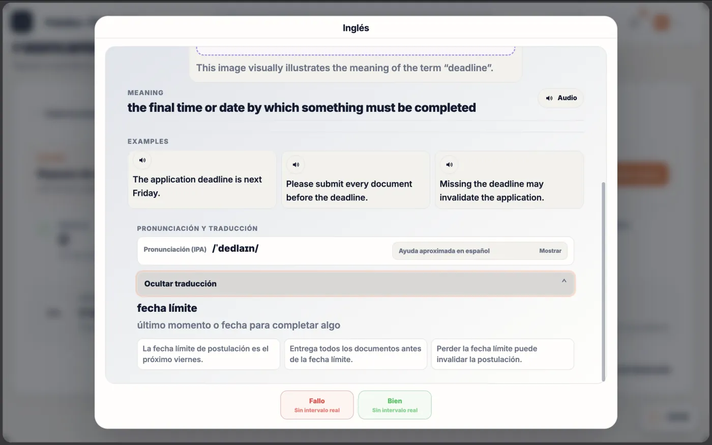 Captura de la demo de Ruta B: ventana de una flashcard de inglés, reverso de la tarjeta, con el significado en inglés de «deadline», tres frases de ejemplo, la pronunciación (IPA), la traducción al español («fecha límite») y los botones «Fallo» y «Bien».