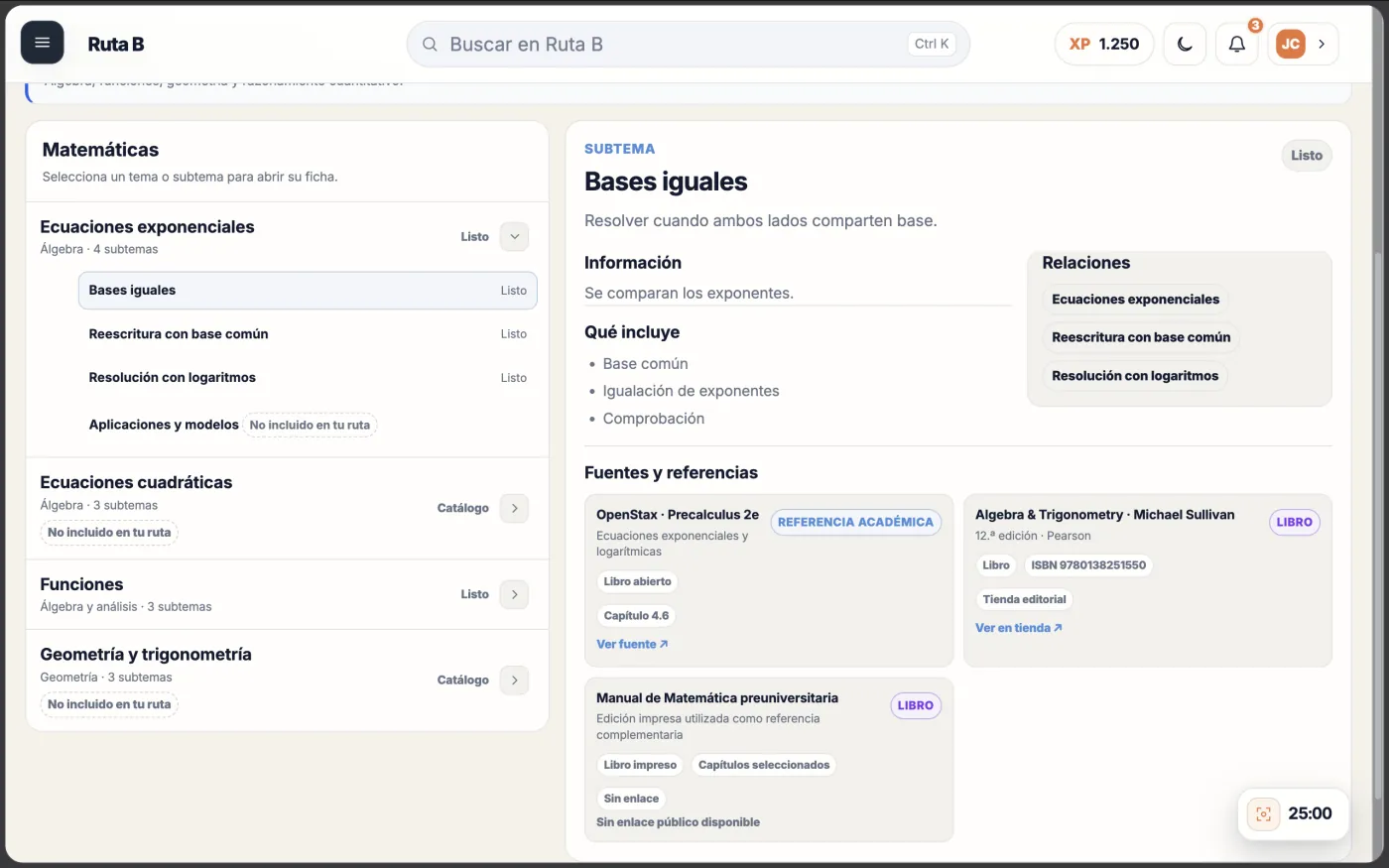 Captura de la demo de Ruta B: pantalla de Matemáticas con la lista de temas (Ecuaciones exponenciales, Ecuaciones cuadráticas, Funciones y Geometría y trigonometría) y la ficha del subtema «Bases iguales» con información, contenido, relaciones y fuentes y referencias.