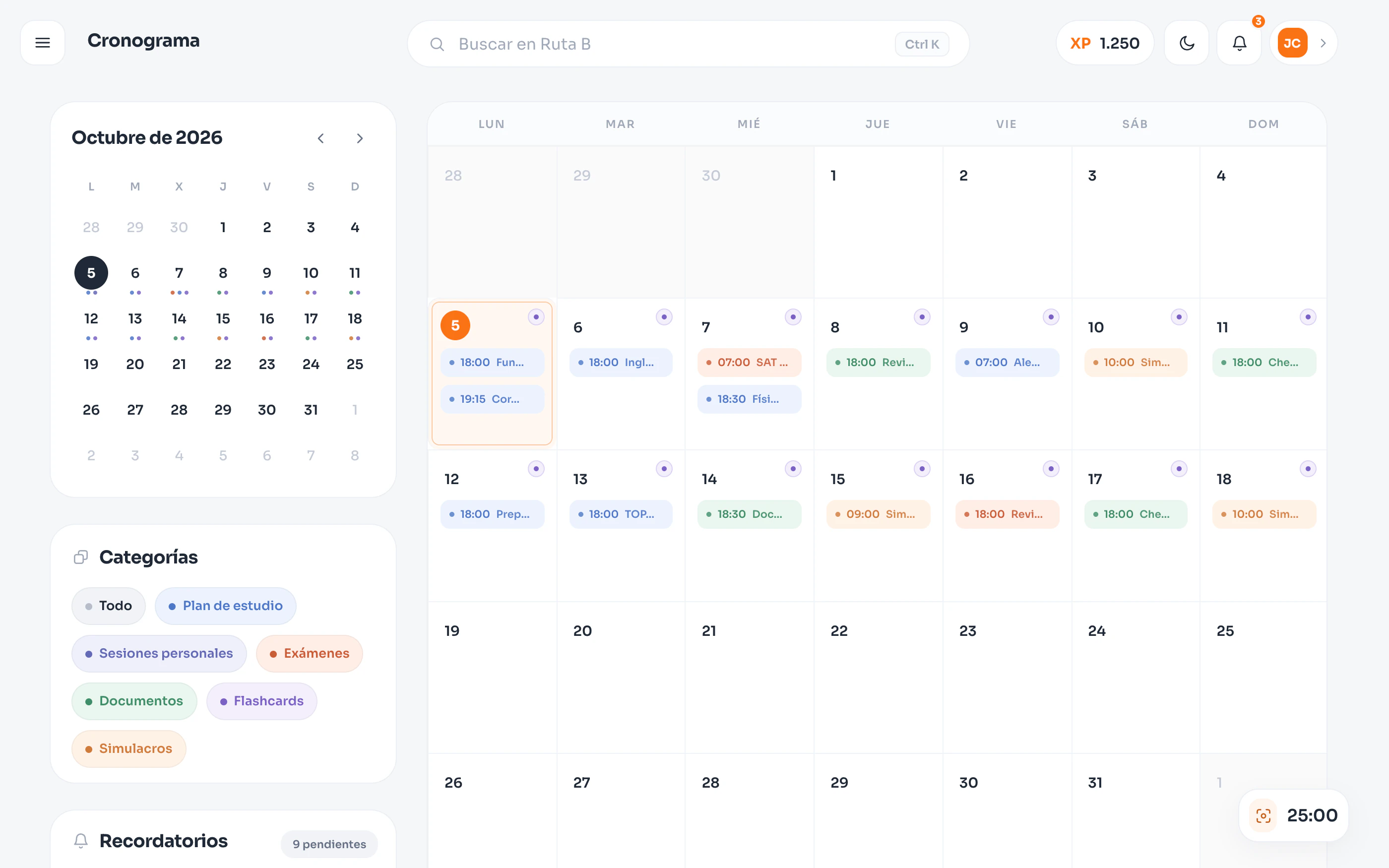 Vista rediseñada de la demo de Ruta B: pantalla «Cronograma» con el calendario de octubre de 2026, bloques con hora en varios días, filtros por categoría (plan de estudio, sesiones personales, exámenes, documentos, flashcards y simulacros) y recordatorios pendientes.